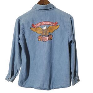 Harley Davidson V-Twin Power  Jacket Size L Youth Made In USA Retro Faded Denim